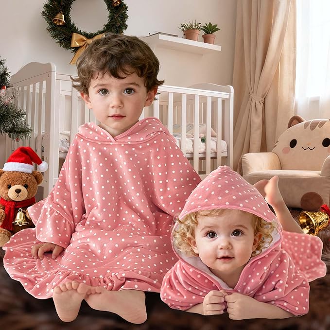 VOOVA & MOVAS Baby Hooded Towel Poncho with Ruffle Trim | Soft 100% Cotton | Absorbent Thick Towel for Bath, Swim, Beach & Winter | Cozy, Pink White Dot