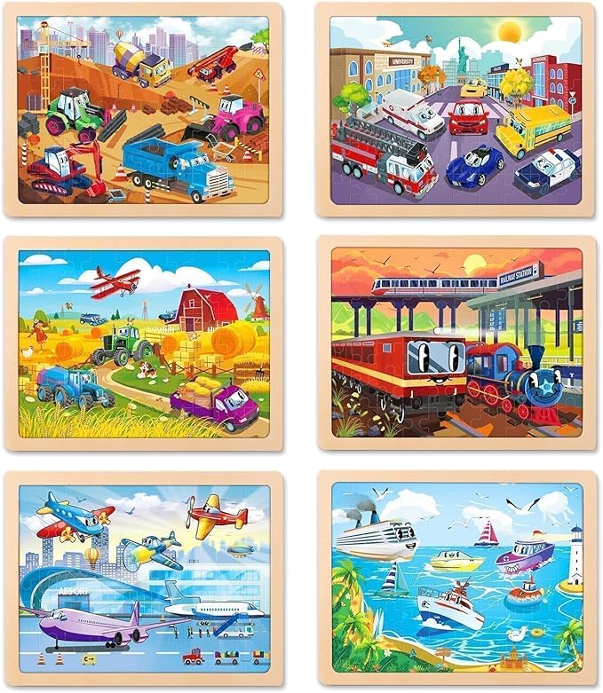 Christmas Wooden Puzzles for Kids Ages 4-6,6 Pack 60Pcs Jigsaw Wooden Car Truck Puzzles for Toddlers 3-5,Preschool Educational Brain Toys Gifts for Boys and Girls 2 4 3 5 Year Old（Vehicle）