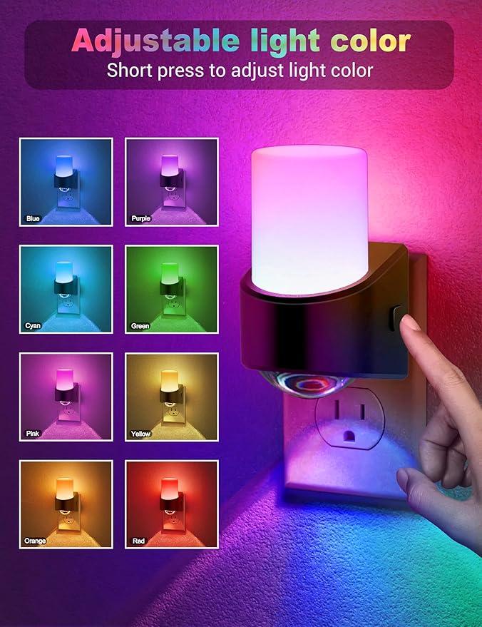 JandCase LED Night Lights Plug into Wall, Color Changing Night Light with Dusk to Dawn Light Sensor, RGB Night Light for Kids, Color LED Nightlight for Bedroom Bathroom Kids Room