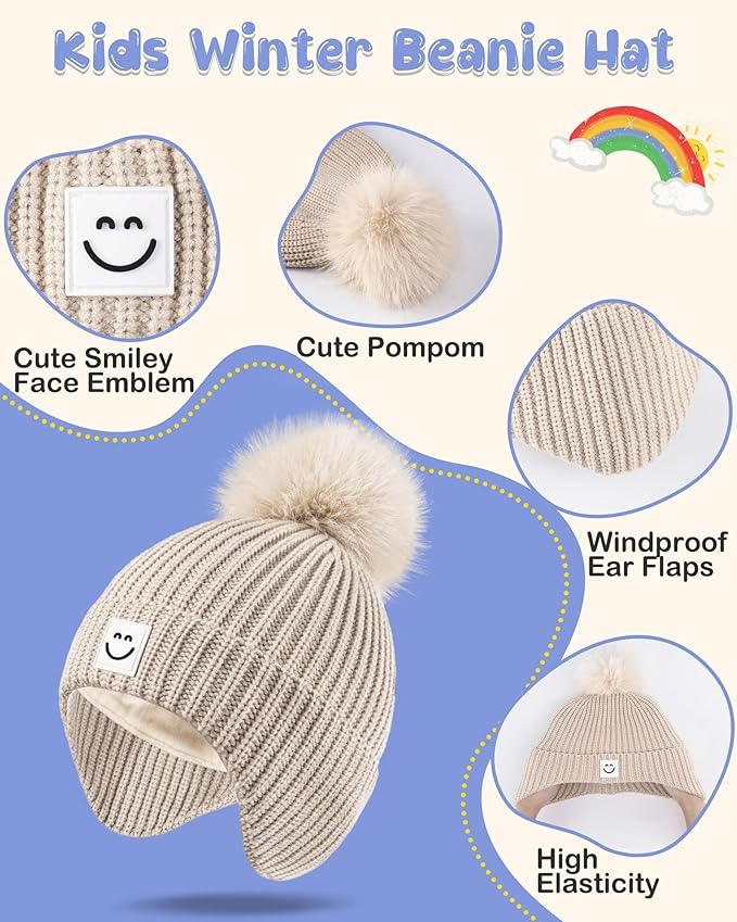3 Pack Baby Winter Hats with Earflaps, 2 Size Kids Pom Pom Beanie for Infant Toddler Children, Smiley Face Hat for Girls Boys