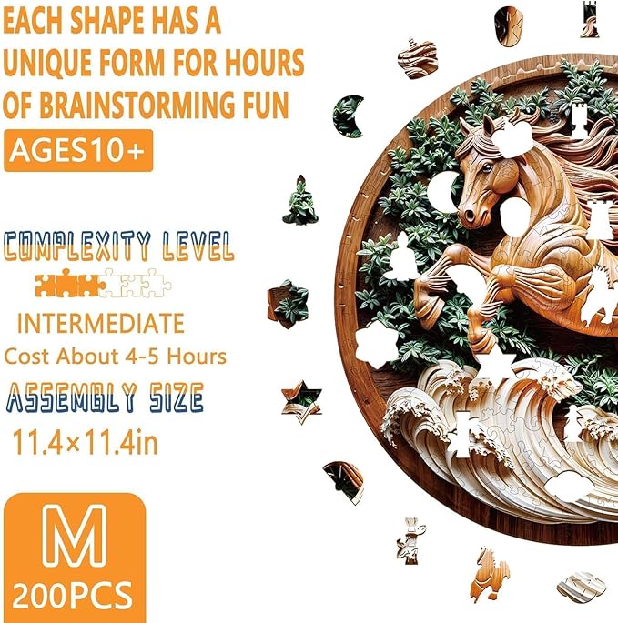 Wooden Puzzles for Adults - Flat Puzzle with 3D Visual Effect Horse Puzzle, Unique Shape Animal Wooden Puzzle, Unique Gift Ideas, Wood Puzzles Adult, Wall Art Puzzle Canvas (M-11.4*11.4in-200 Pieces)