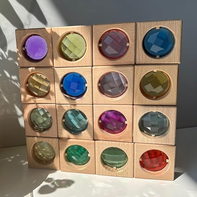 16PCS Acrylic Wooden Gem Blocks, Sparkling Acrylic Colorful StackingToys, Open Ended Play Montessori Educational Toys (16PCS Square Gem Blocks)