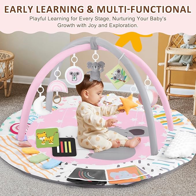Baby Play Gym & Activity Mat, Tummy Time Mat with Tummy Time Pillow 7 Detachable Sensory Toys and Educational Cards for Motor Skills & Sensory Development, Baby Essentials Shower Gift, Pink Koala