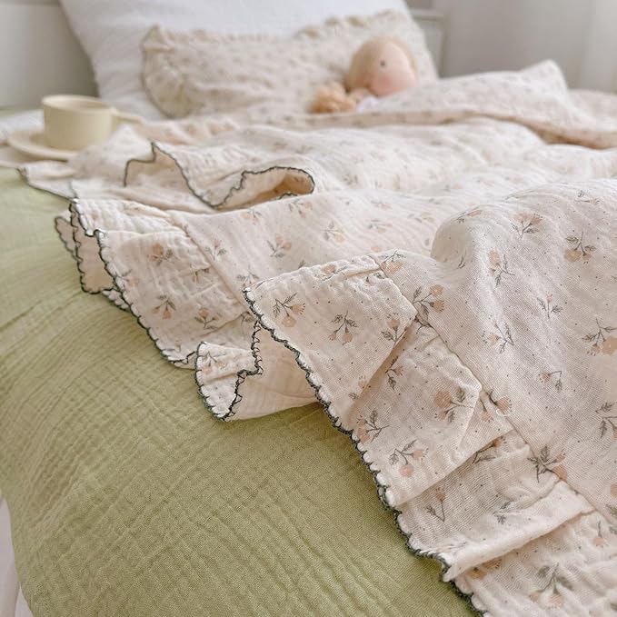 BuLuTu Cotton Muslin Kids Toddler Pillowcase Sprout Pattern, Shabby Chic Nursery Pillow Cover with Ruffle Edge, Soft Durable Travel Pillow Case for Boys Girls Bedding Decor, 14"x20",Machine Wash