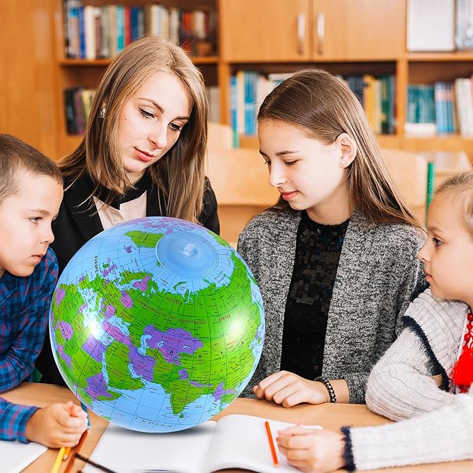 2 Pack Inflatable Globe Blow up World Globe Beach Ball 16 Inch Inflatable Earth Beach Ball for Beach Playing or Teaching, Party Bags, Summer Pool Party, PVC Material