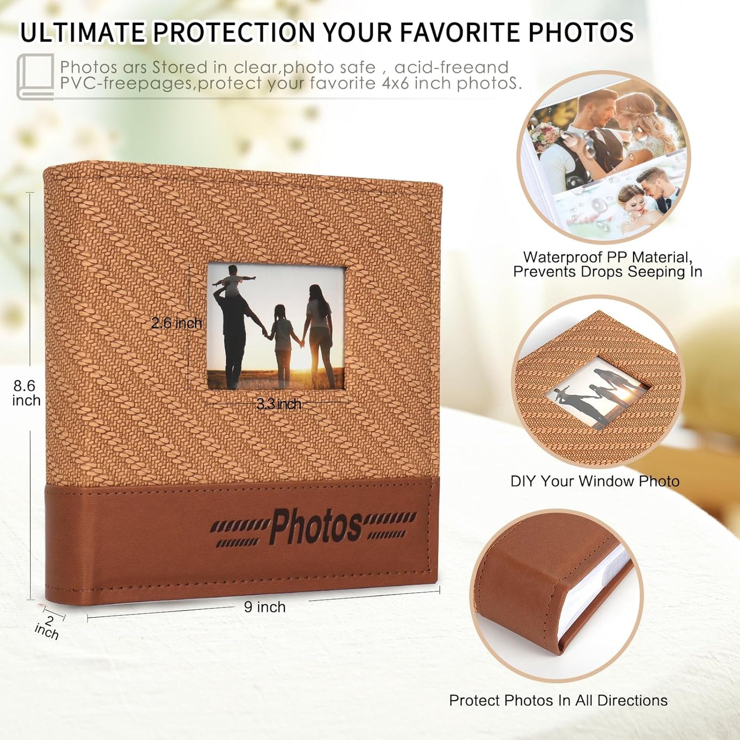 RECUTMS 4x6 Photo Album 200 Photos with Writing Space, Leather Cover with Window, 200 Photo 4x6 Picture Album Book with Memo for Wedding Family Baby Christmas Valentine's Day Anniversary (Brown)