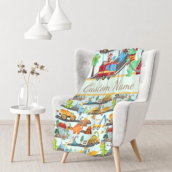 Personalized Dinosaur Fire Truck Custom Baby Blanket with Name - Swaddle Blanket for Toddlers & Infants - Shower Gift