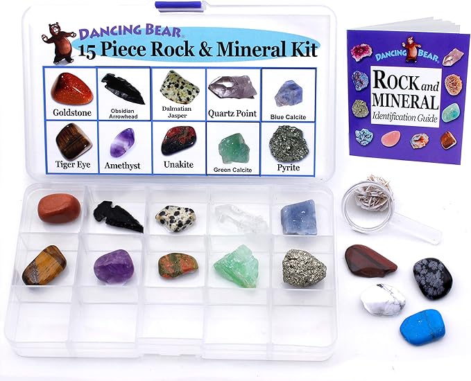 DANCING BEAR -15 Pc Rock & Mineral Collection with Collector Box/Display Case, ID Sheet, Rock Book, Magnifying Glass, Beginner Starter Set, Kids' Gemstone Crystal Kit, STEM Geology Science Education