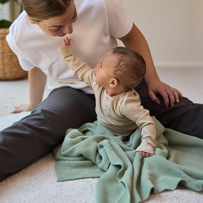 Knitted Organic Cotton Baby Blanket- Swaddle Blanket, 30" x 40" Soft Receiving Blanket for Newborn (Roman Green)