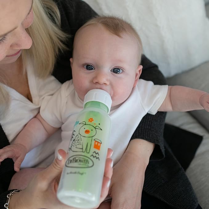 Dr. Brown's Natural Flow Anti-Colic Options+ Narrow Baby Bottle, Pig & Frog, 8 oz/250 mL, with Level 1 Slow Flow Nipple, BPA Free, 0m+, 2-Pack