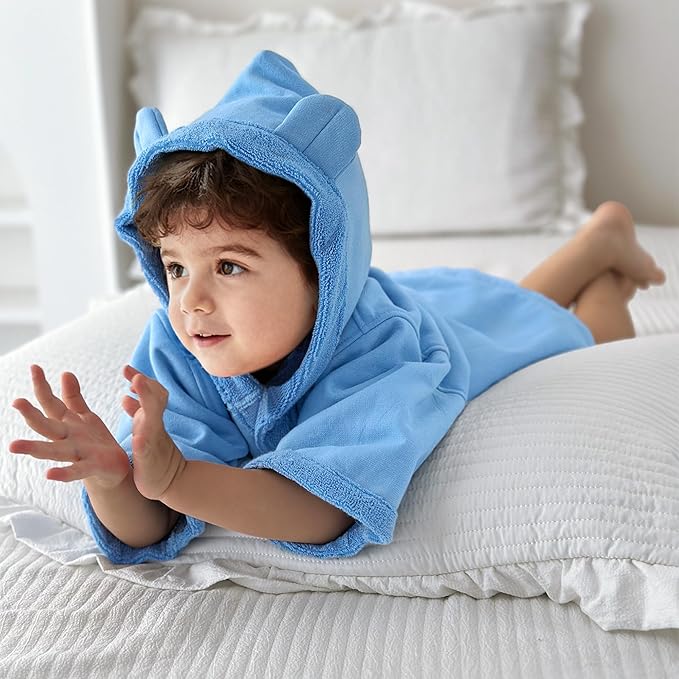 VOOVA & MOVAS Baby Hooded Bath Towel with Bear Ear,0-3Years | Ultra-Absorbent & Skin-Friendly Soft 100% Cotton for Newborns, Infants – Pool, Beach, Bath Time | Perfect, Blue