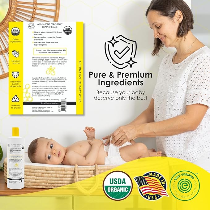 La Petite Creme French Premium Diapering Lotion - Diaper Cream Alternative to Baby Wipes - Gentle Moisturizer & Skin Cleanser with USDA Certified Organic Ingredients - Baby Essentials (20 oz)