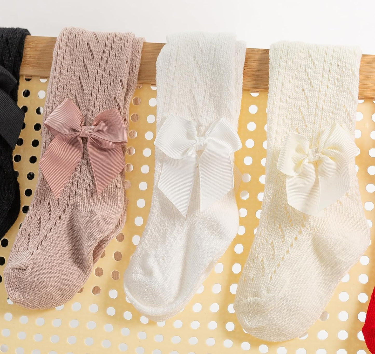 CHUNG Baby Girls Cotton Tights Thin Hollowed Summer with Bowknot Mesh Lace Fashion Toddler Footed Legging Pantyhose