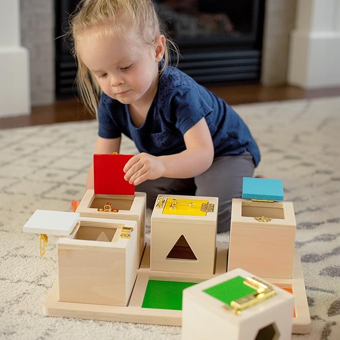 Guidecraft Peekaboo Lock Boxes with Storage Tray: Sorting & Stacking Toy for Children - Kids Early Learning , Multi-colored Wooden Educational Toddler Toy