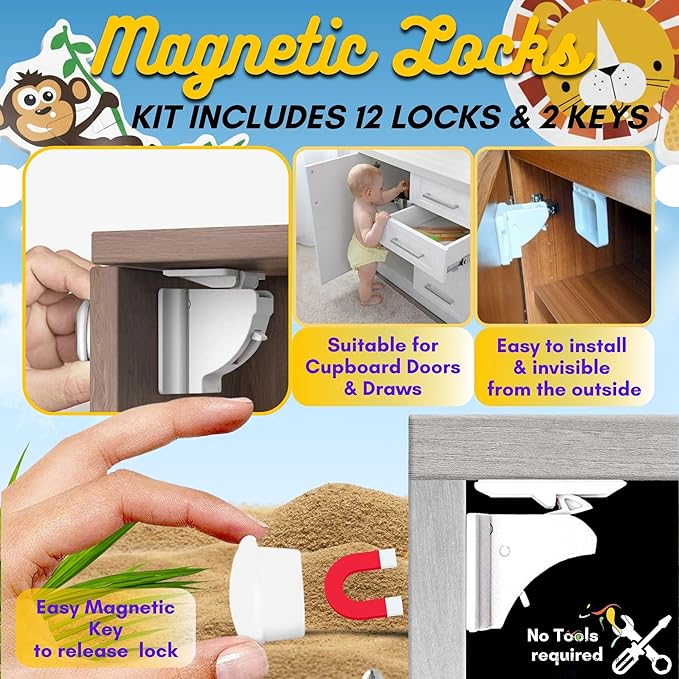 Baby Proofing Kit 67pcs All in One Includes Magnetic Cabinet Locks for Baby Proofing, Corner Bumper Protectors, Child Safety Strap Locks, Power Point Outlet Covers, Finger Pinch Guards & Bath Toys