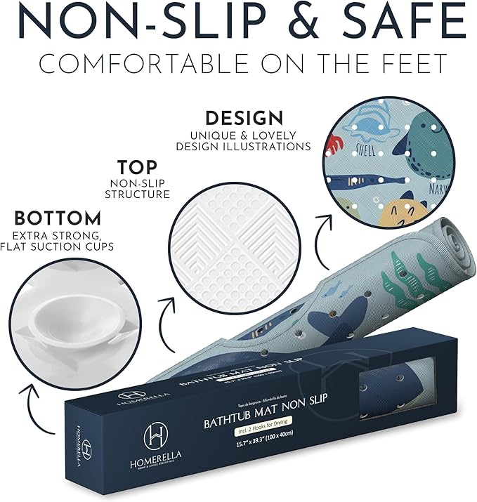 Homerella Baby Bath Tub Mat | Anti Mold Mildew Resistant Non Slip Kids and Adult Bath Tub Shower Mats | 40x16 inch Long with Suction Cups for Secure Grip Hooks for Storage & Drying | Machine Washable