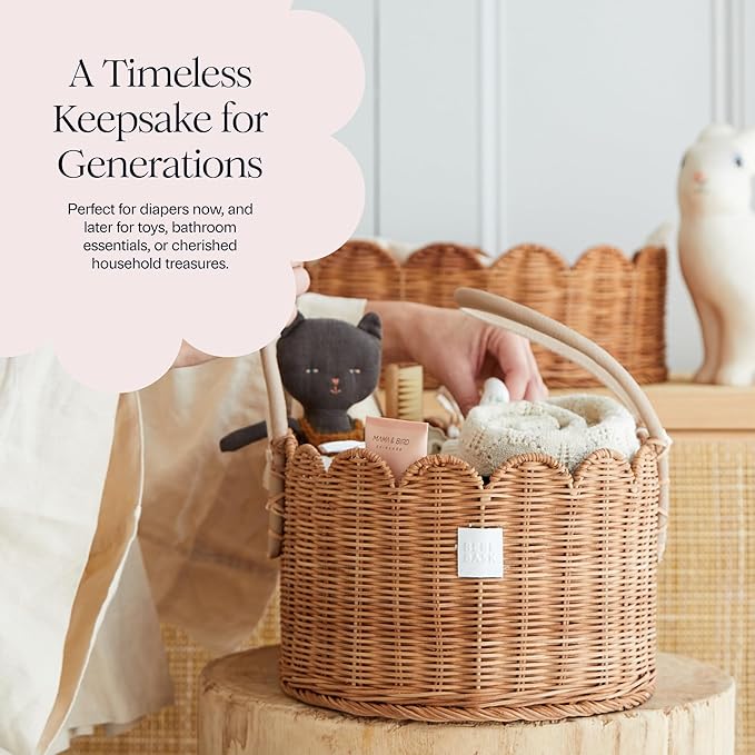 BEBE BASK Premium Baby Diaper Caddy Organizer - Handmade & Award-Winning Scalloped Rattan Basket - Luxury Diaper Caddy Basket - Elegant Scalloped Edge (Mocca)