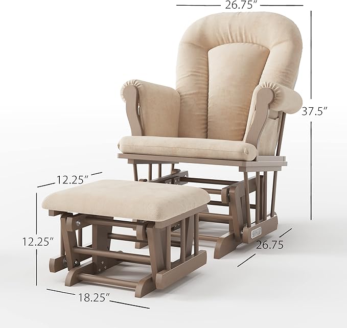 Child Craft Cozy Glider Rocker and Ottoman Set, Padded Cushion with Convenient Storage Pockets, Solid Wood Base & Frame (Dusty Heather with Beige Cushion)