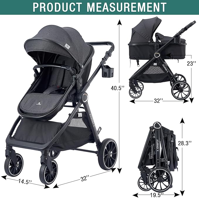 Baby Stroller, 2 in 1 Newborn Stroller Convertible Bassinet for Infant Toddler Pram with Footmuff (Black)