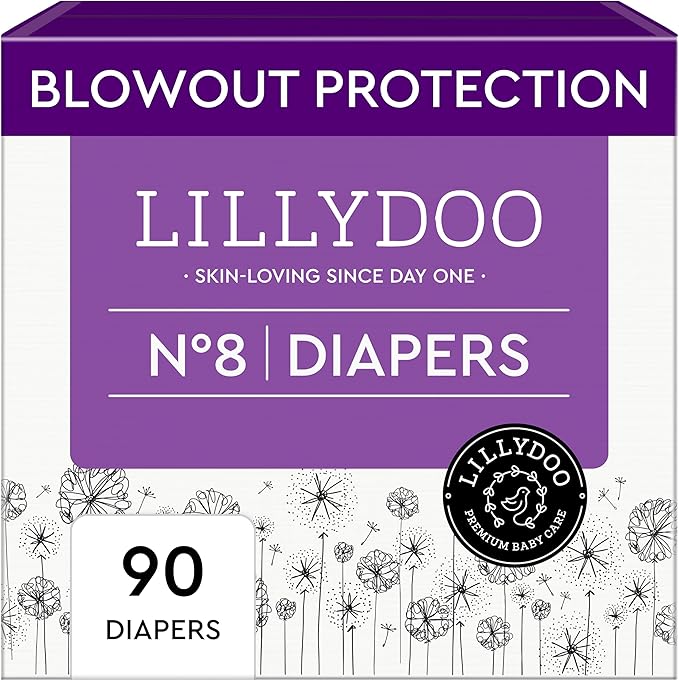 LILLYDOO Baby Diapers - Size 8 (37+ lbs), Monthly Supply (90 Count), Leak Protection, Skin-Friendly, Ultrasoft, Perfume- & Chlorine-Free, Hypoallergenic, Dermatologist Tested, Oeko-TEX®