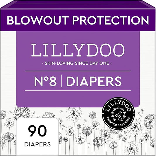 LILLYDOO Baby Diapers - Size 8 (37+ lbs), Monthly Supply (90 Count), Leak Protection, Skin-Friendly, Ultrasoft, Perfume- & Chlorine-Free, Hypoallergenic, Dermatologist Tested, Oeko-TEX®