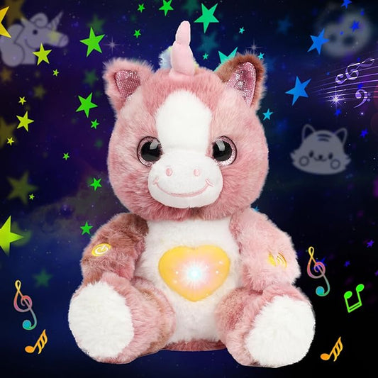 Cuteoy Plush Dirty Pink Unicorn Star Projector Musical Adjustable Singing Night Light Stuffed Animals Glowing Plushies Toy Gifts for Kids Birthday Easter Christmas,12''