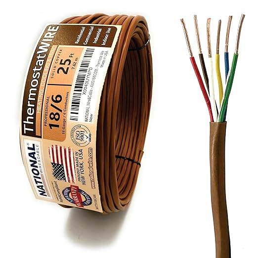 18/6 25Ft. NATIONAL Wire&Cable Thermostat Doorbell HVAC Heating Control Professional Cable Wire - Made in USA - 100% Solid Copper Conductors, CL2 ETL Listed, Low Voltage Applications Use