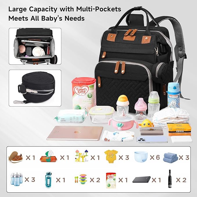 Baby Diaper Bags with Changing Station, Large Capacity Diaper Bag Backpack for Moms Dads with USB Charging Port,Travel Baby Bag with Pacifier Case & Stroller Straps(Up-Black)