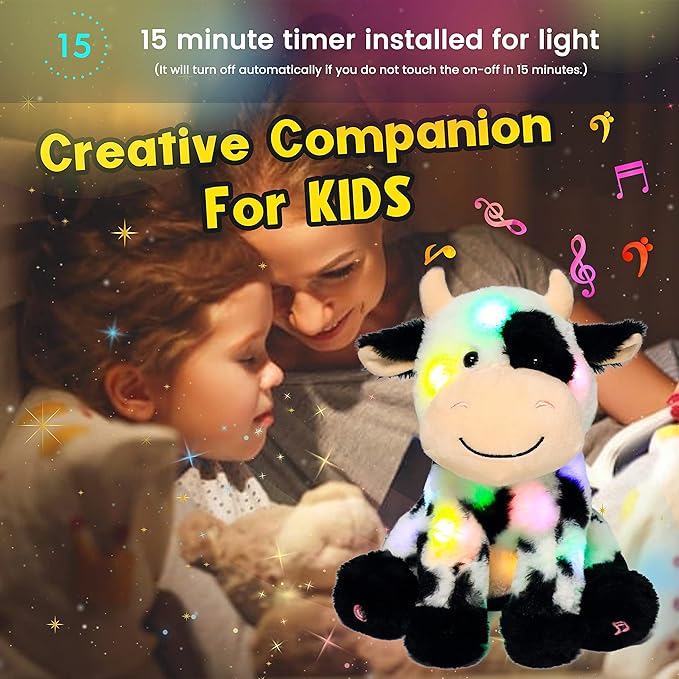 Hopearl LED Musical Stuffed Smile Cow Lighting Up Singing Plush Toy Adjustable Volume Lullaby Animated Soothe Birthday Festival for Kids Toddler Girls, 11'