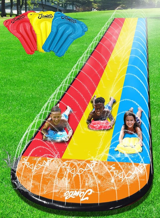 JAMBO 25Ft Premium XXL Slip Splash and Slide with 3 Bodyboards, Heavy Duty Water Slide- Advanced 3-Way Sprinkler System, Splash Mat Splash Pad Backyard Waterslide Outdoor Water Toys n Slides for Kids