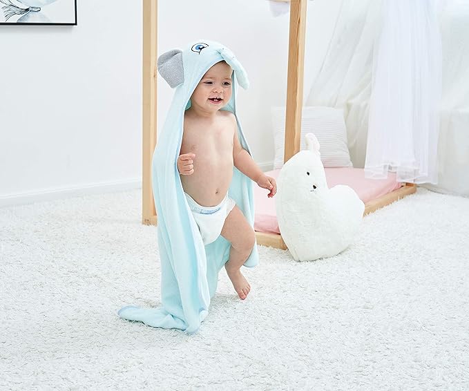 HIPHOP PANDA Hooded Towel - Rayon Made from Bamboo, Bath Towel with Bear Ears for Newborn, Babie, Toddler, Infant - Absorbent Large Baby Towel - Blue Elephant, 30 x 30 Inch