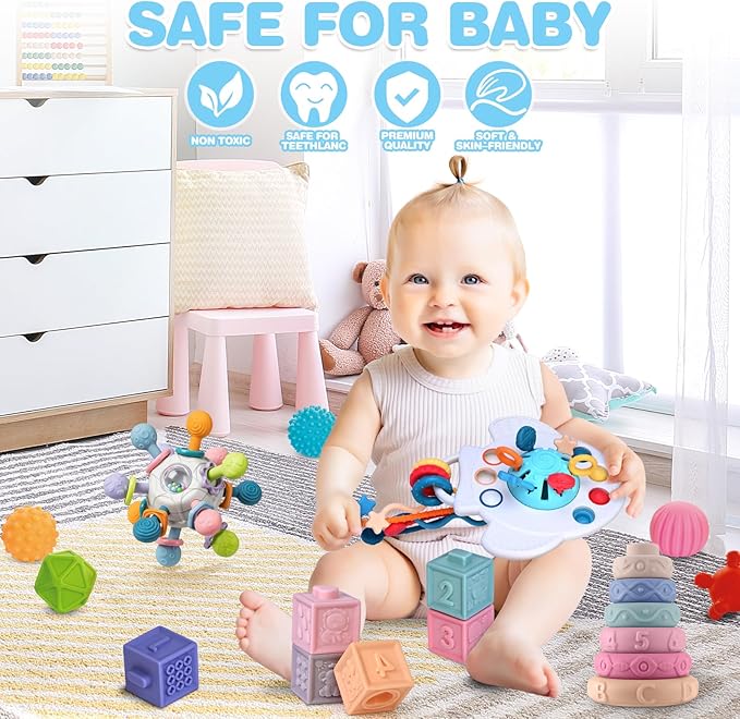 SpringFlower 0-3-6-12 Months Baby Toys, 5 in 1 Montessori Toys for Babies, Teething Toy & Stacking Building Block & Ring & Silicone Pull String, Sensory Development Baby Infant Toy, Gift for Babies