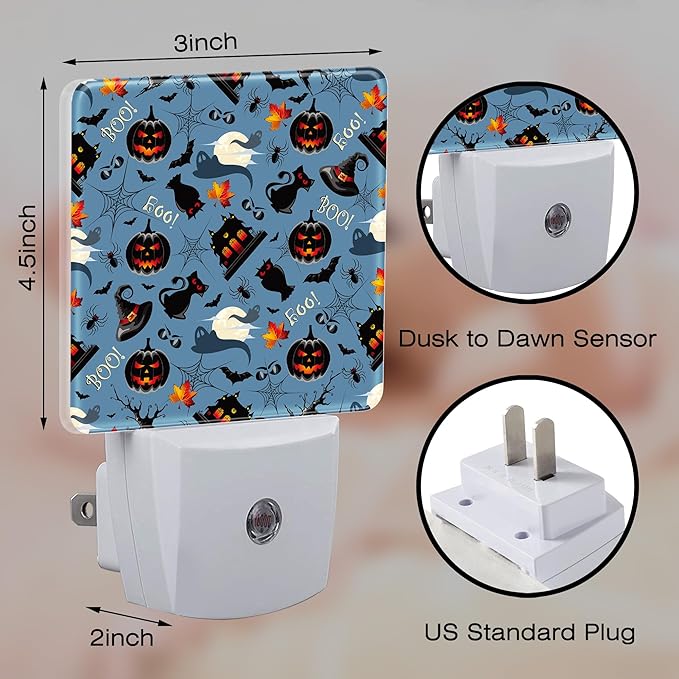 Retro Halloween Elements Night Light Plug into Wall, Spooky Ghost Pumpkin Bat Full Moon Dusk to Dawn Night Light,0.5w Energy Saving Sleep Friendly Nightlights for Kids Boys Girls Home Decor