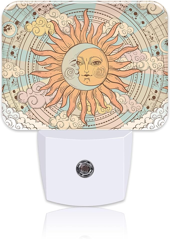Vintage Mystical Astrology Night Light, Sun and Moon Nightlight Plug into Wall with Dusk to Dawn Sensor for Kid Girls Boys Women Men Bedroom, Hallway, Kitchen, Bathroom, Stairs Decor