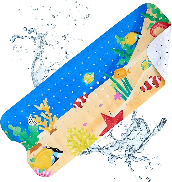 Vannokor Baby Bath Mat for Tub Non Slip Kids, 40 X 16 Inch Extra Long Bathtub Mat with Drain Holes and Suction Cups, Anti Slip Shower Mat Machine Washable, Submarine Park