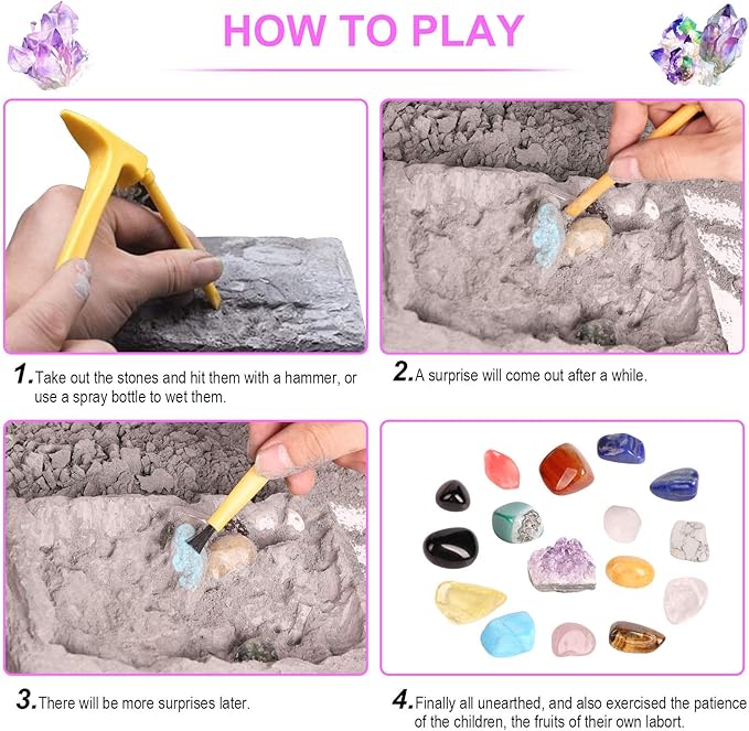 Gemstone Dig Kit, 16 Real Gem Stones and Crystals Excavation Kit, STEM Educational Toys Science Kit for Kids 5-7 8-12, Easter Basket Stuffers Gifts for Boys Girls