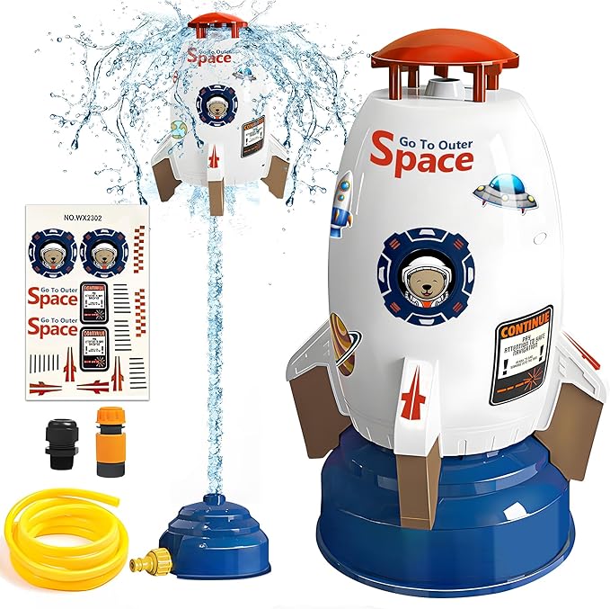 Water Rocket Sprinkler for Kids, Outdoor Sprinkler Rocket Launcher Toy for Backyard, Summer Water Toys for Kids Ages 3-12, Fun Water Powered Rocket Toy (White-1)