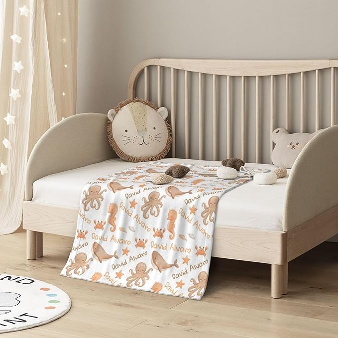 Ship Next Day Personalized Baby Blanket, Printed in USA - Custom Name Toddler Blanket with Ocean Pattern, Personalized