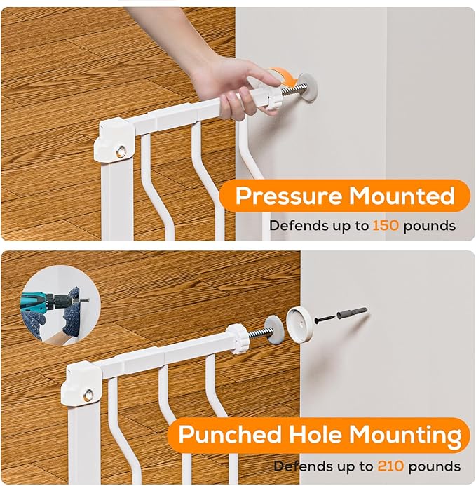 29-62" Baby Gate for Stairs, Baby Safety Essentials, Auto Close Gate for Doorways, Easy Install Pressure Mounted Dog Gate Indoor, Pet Gates for Dogs, White