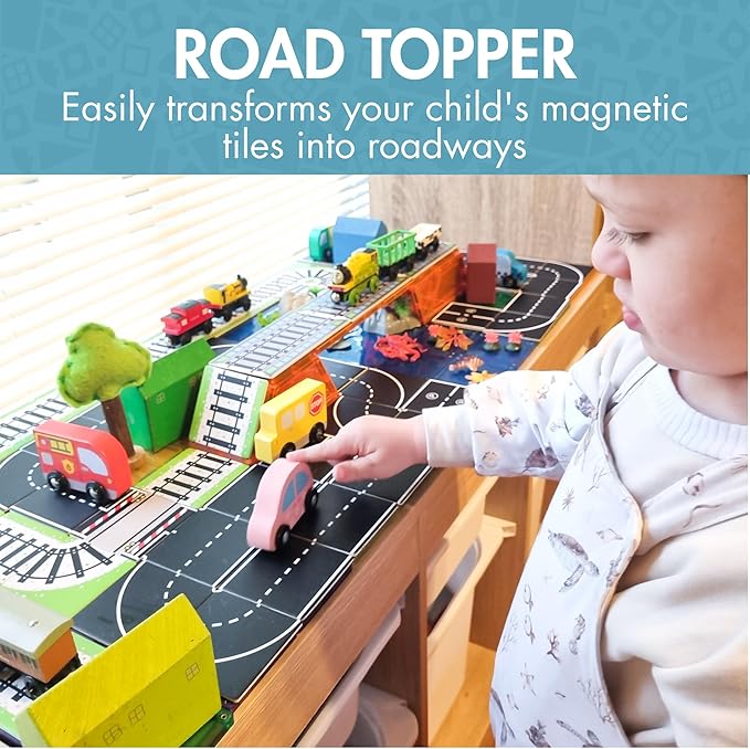 Learn & Grow Magnetic Tiles Road Toppers Set - 40PCs Road Expansion Pack (Tiles not Included), Magnet Car Play Accessories, STEM Building Toy - Construction Toys for Toddlers & Kids Age 3+