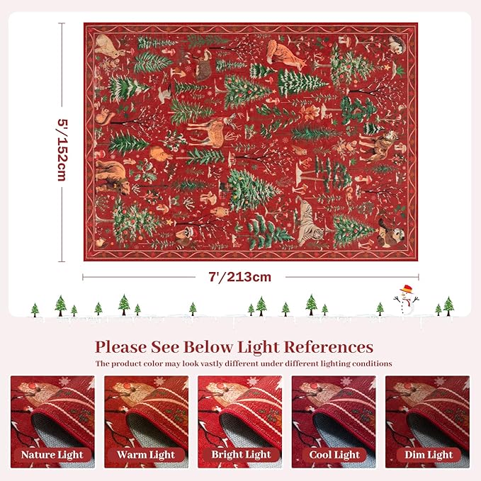 OJIA Christmas Rugs 5x7 Washable Rugs for Living Room, Xmas Red Holiday Rug Soft Animal Bedroom Carpet Ultra-Thin Entryway Rug, Non-Slip Throw Carpet for Kids Nursery Playroom Dining Room