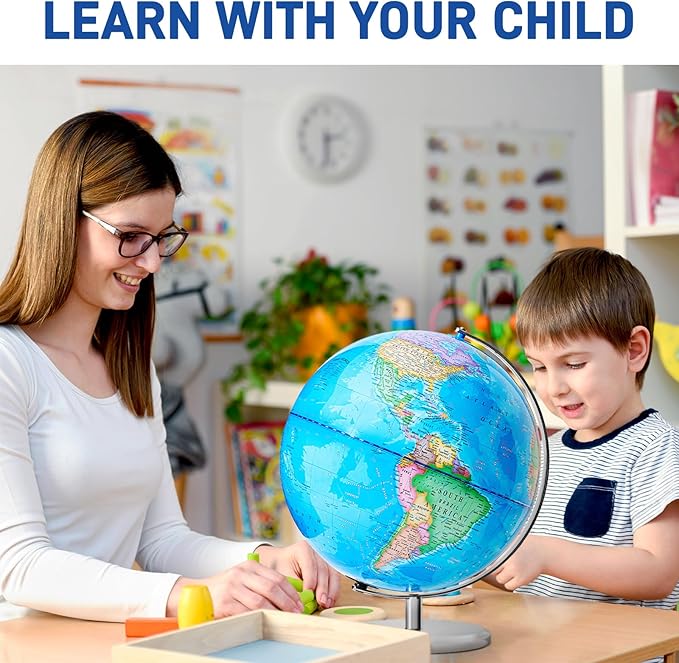 13" World Globe for Kids, Classroom Globe for Education & Decoration with Stable Heavy Metal Base, HD Waterproof Printed & Rewritable Surface