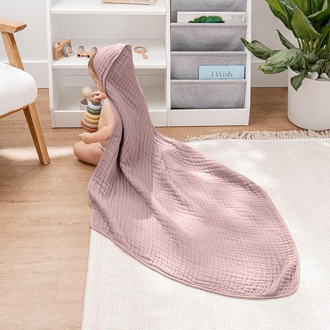 Comfy Cubs Hooded Baby Towel 2-Pack, Large 32 x 32 Inch - 6 Layer 100% Muslin Cotton for Babies, Toddlers and Kids - Soft & Absorbent Baby Bath Towels - Unisex Design for Bath Time - Mauve