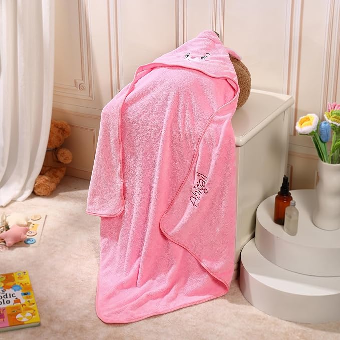 Personalized Baby Towels for Newborn Custom Embroidery Name Hooded Baby Bath Towels for Boy Girl Newborn Essentials Must Haves Shower Gift Soft Coral Velvet 30"x30" (Pink)