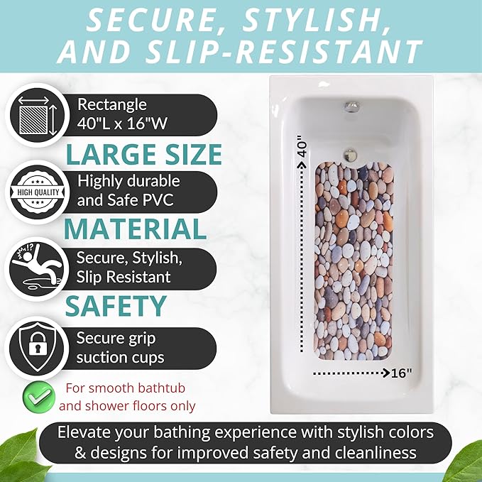 ENKOSI Bath Mat – Large 40 x 16 Inch Non-Slip Bathtub Mat with Suction Cups & Drain Holes – Extra Long Bathroom Shower Mat for Tub with Pebble Design (40x16 Pebble Stone)