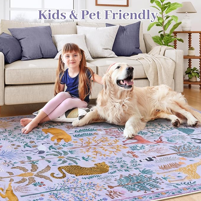 OJIA Animal Print Nursery Rugs Washable Area Rugs 5'x7', Soft Kids Room Rug Ultra-Thin Non-Slip Modern Living Room Carpet, Stain Resistant Throw Carpet for Bedroom Playroom Dining Room