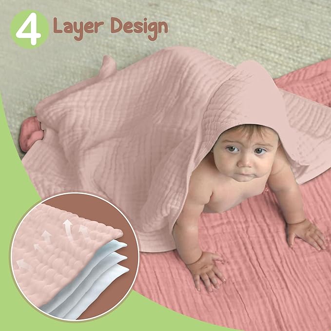 Organic Cotton Muslin Baby Hooded Towels - 32x32 Inch, 2 Pack Newborn Bath Towels for Boys & Girls, Soft & Absorbent Bath Set (Rose/Peach)
