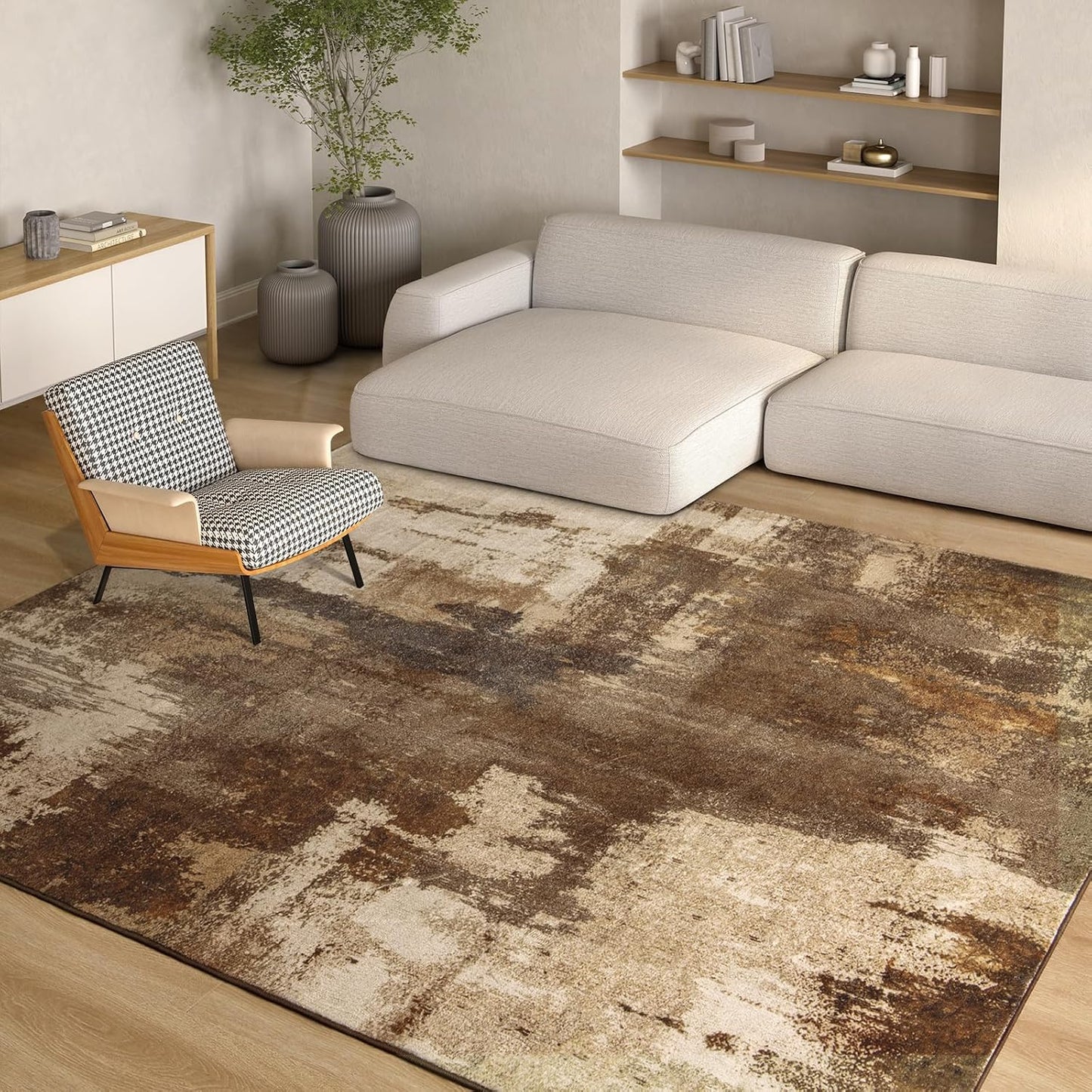 Kelarea Living Room Rug, 5x7 Rug Modern Abstract Washable Rugs Brown Foldable Faux Wool Vintage Carpets, Non Slip Rug for Bedroom, Dining Room, College Dorm, Kids Playroom, Home Office