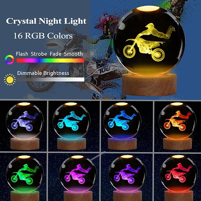 Dirtbike Night Light, Dirtbike Gifts, 3D Crystal Ball Dirtbike Lamp with Remote Upgraded 3.15 Inch with 16 Color for Birthday Xmas Cool Figurines Motorbike Gifts for Room Decor Boys Girls