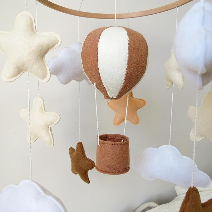 Neutral Hot Air Balloon Mobile for Crib Boho Baby Crib Mobile for Girls Boys Stars & Clouds Hot Air Balloon Baby Mobile for Crib